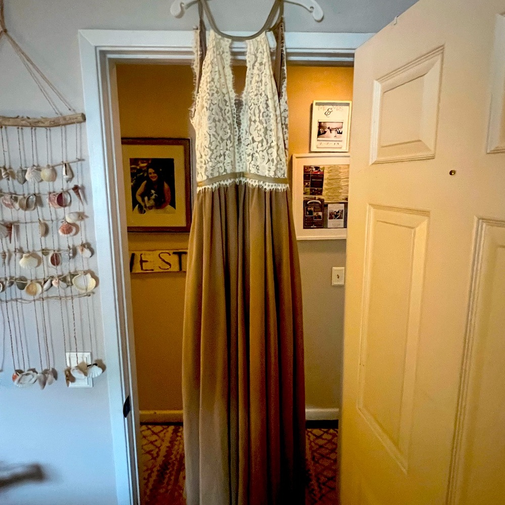 Christina Wu Lace/Tan Long Dress Sz 12 style no. 22763 Wedding Bridesmaid